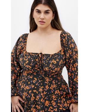 City Chic Plus Size Gigi Long Sleeve Daisy Print Top - Black