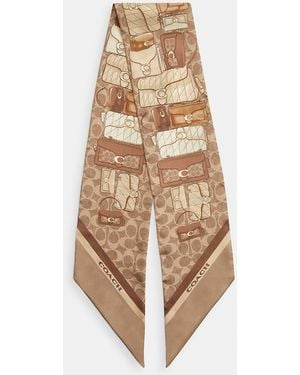 COACH Stacked Tabby Bags Print Silk Skinny Scarf - Natural