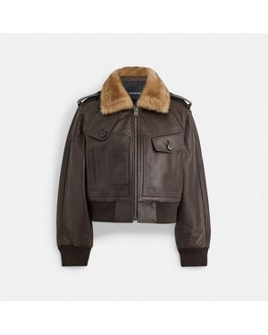 COACH Cropped Leather Jacket - Brown