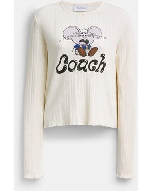 COACH Brain Dead Kachi Mouse Graphic Long Sleeve Pointelle Top - White