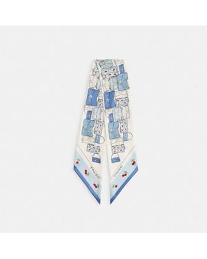 COACH Tabby Cherry Print Silk Wide Skinny Scarf - Blue