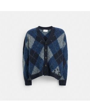 COACH Fuzzy Argyle Cardigan - Blue