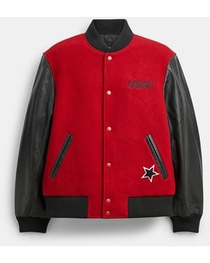 COACH Wool Leather Varsity Jacket - Red
