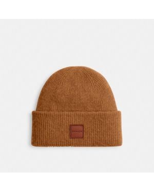 COACH Knit Beanie With Leather Patch - Brown