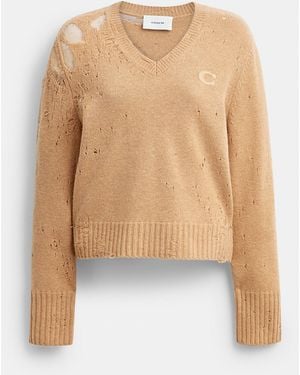COACH Loved Long Sleeve V-neck Sweater - Natural