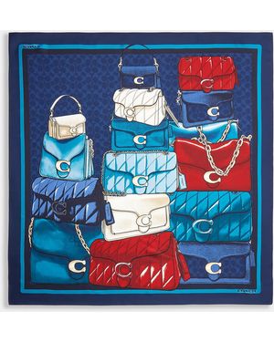 COACH Stacked Tabby Bags Print Silk Square Scarf - Blue