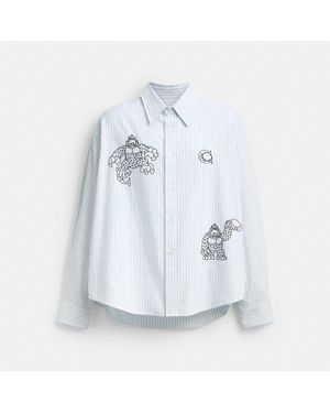 COACH Brain Dead Signature Long Sleeve Button Up Shirt - Blue