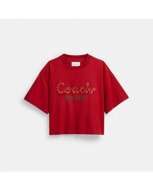 COACH New Year Snake Script Cropped T Shirt In Organic Cotton - Red