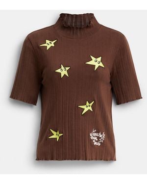 COACH Brain Dead Graphic Pointelle Mockneck Top - Brown