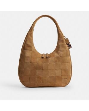 COACH Alter/ego Large Crescent Shoulder Bag In Checkerboard Upcrafted Suede - Brown