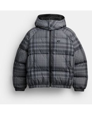 COACH Printed Plaid Puffer Jacket - Gray