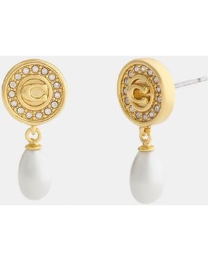 COACH Signature Pavé Coin Pearl Drop Earrings - Metallic