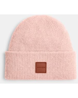 COACH Knit Beanie With Leather Patch - Pink