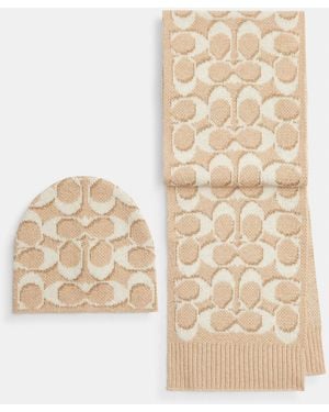 COACH Signature Metallic Beanie And Muffler Gift Set - Natural