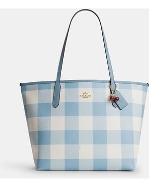 COACH City Tote Bag With Gingham Print And Charm - Blue