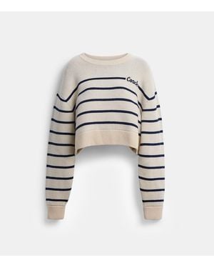 COACH Cursive Signature Striped Cropped Sweater - White