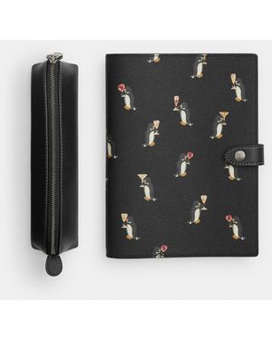 COACH Boxed Notebook And Pencil Case Set With Penguin Print - Black