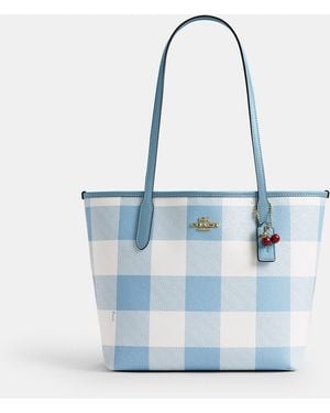 COACH Medium City Tote Bag With Gingham Print And Charm - Blue