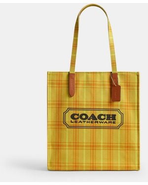 COACH Canvas Tote Bag With Plaid Print - Yellow