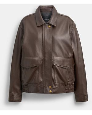 COACH Leather Pilot Jacket - Brown