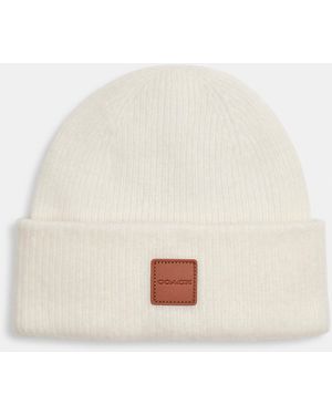 COACH Knit Beanie With Leather Patch - Natural