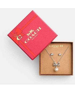 COACH Bow Pearl Necklace And Earrings Set - Black