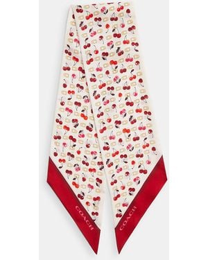 COACH Sculpted C Cherries Print Silk Wide Skinny Scarf - Red