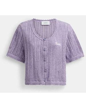 COACH Cropped Knit Button Up Top - Purple