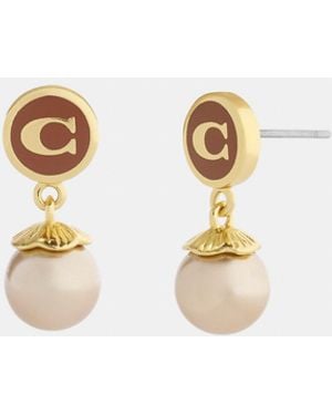 COACH Signature Enamel Coin Pearl Drop Earrings - Metallic