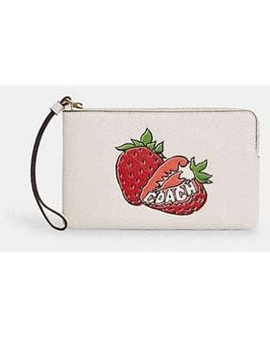 COACH Large Corner Zip Wristlet With Strawberry Graphic - Black