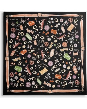 COACH Iconic Motifs Print Silk Square Scarf - Black