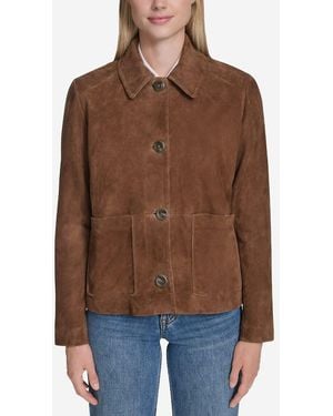 Cole Haan Women's Suede Shirt Collar Trucker Jacket - Brown