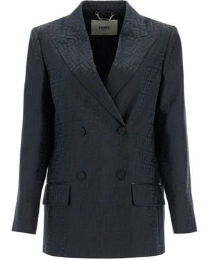 Fendi Silk Satin FF Jacquard Double-Breasted Blazer - Black