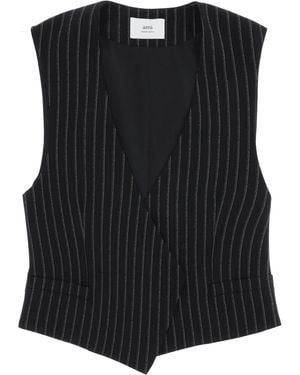 Ami Paris Virgin Wool Pinstripe Waistcoat - Black