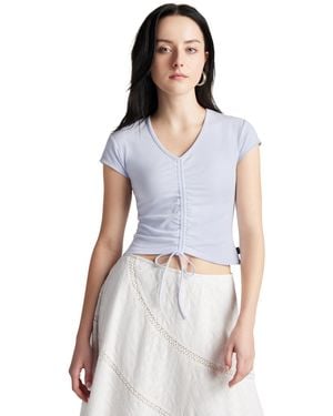 Converse Drawstring Ruched Short Sleeve Top Subtle Flag Label - Blue