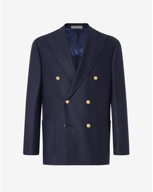 Corneliani Double-Breasted Stretch Wool Hopsack Jacket - Blue