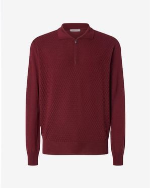 Corneliani Dark Long-Sleeved Zip-Up Polo Shirt Made From Pure Extra Fine Wool - Red