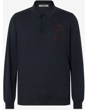 Corneliani Button-Up Embroidered Silk And Cotton Polo Shirt - Blue