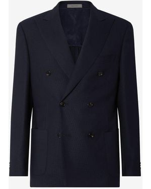 Corneliani China Double-Breasted Pure Wool Hopsack Jacket - Blue
