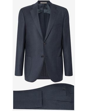 Corneliani Wool Flannel And Cashmere Suit With Herringbone Pattern - Blue