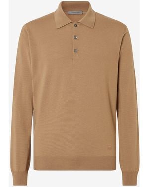 Corneliani Camel Extra Fine Merino Wool Button-Up Polo Shirt - Natural