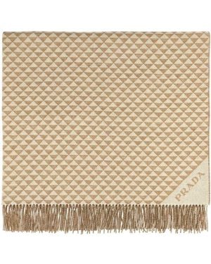 Prada Embroidered Wool Blend Symbole Double Blanket - Natural