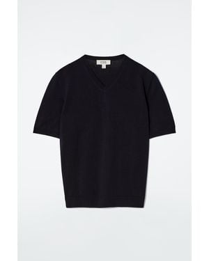 COS Knitted Cotton V-Neck T-Shirt - Blue