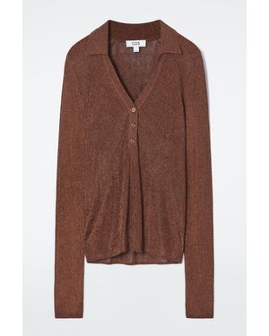 COS Sparkly Ribbed-Knit Polo Shirt - Brown