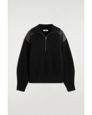 COS Leather-Patch Merino Wool Zip-Up Jumper - Black