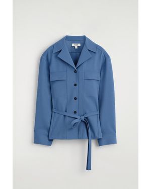 COS Belted Merino Wool Blend Utility Shirt - Blue