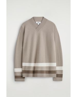 COS Striped Boiled-Wool V-Neck Jumper - Natural