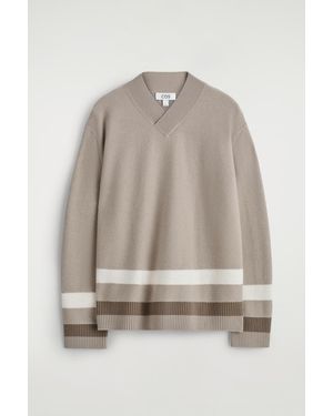 COS Striped Boiled-Wool V-Neck Sweater - Natural
