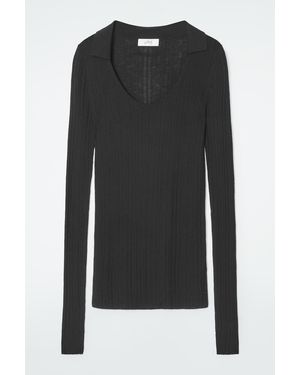 COS The Open-Collar Merino Wool Top - Black