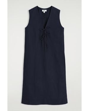 COS Linen-Blend Tie-Front Midi Dress - Blue